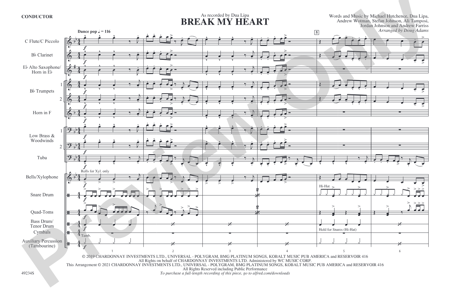 Break My Heart: Marching Band Conductor Score & Parts