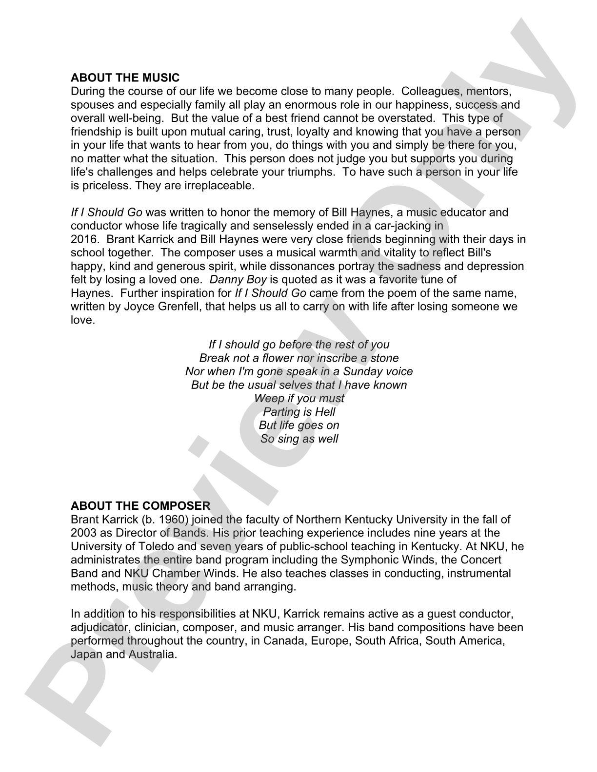 If I Should Go: Concert Band Conductor Score & Parts