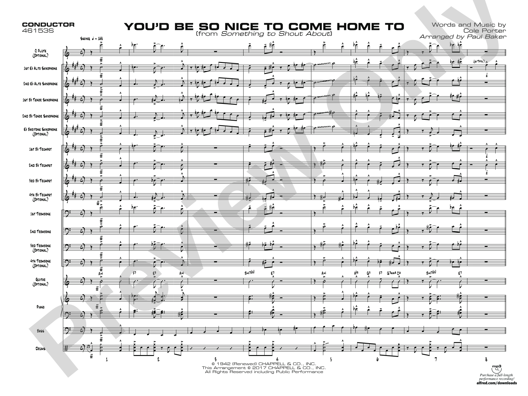 You'd Be So Nice to Come Home To: Jazz Ensemble Conductor Score & Parts