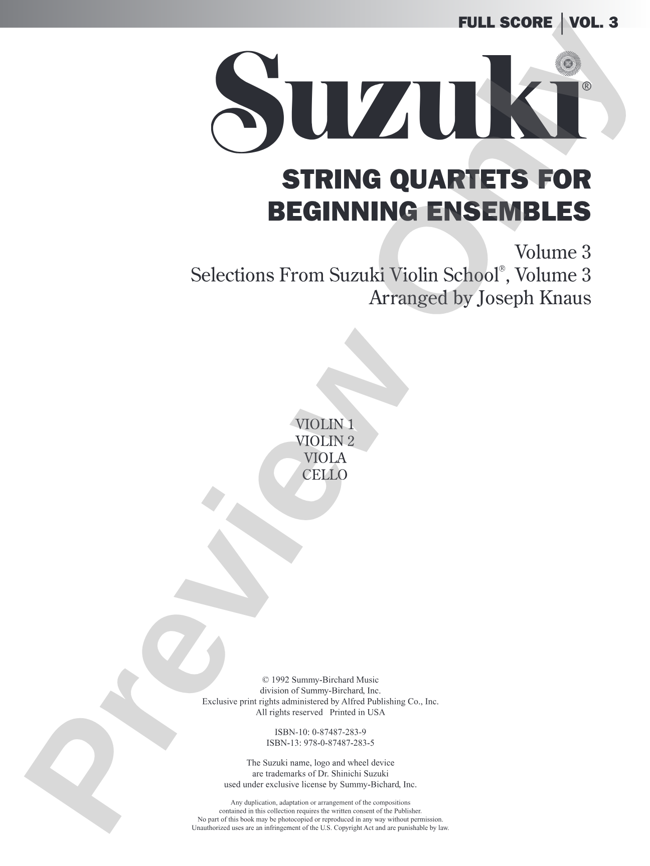 String Quartets for Beginning Ensembles, Volume 3: Score