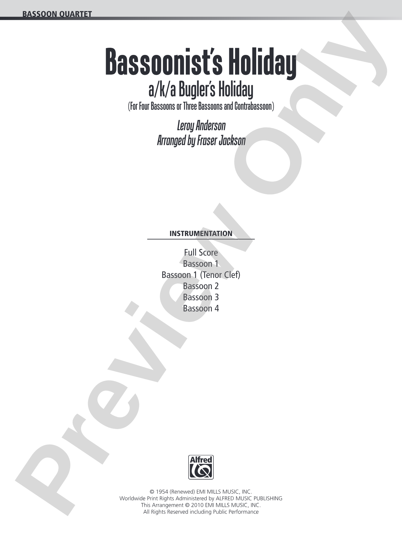 Bassoonist's Holiday (a/k/a Bugler's Holiday): Score