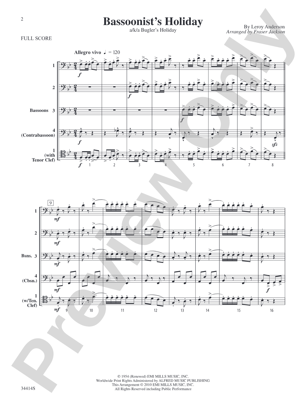 Bassoonist's Holiday (a/k/a Bugler's Holiday): Score