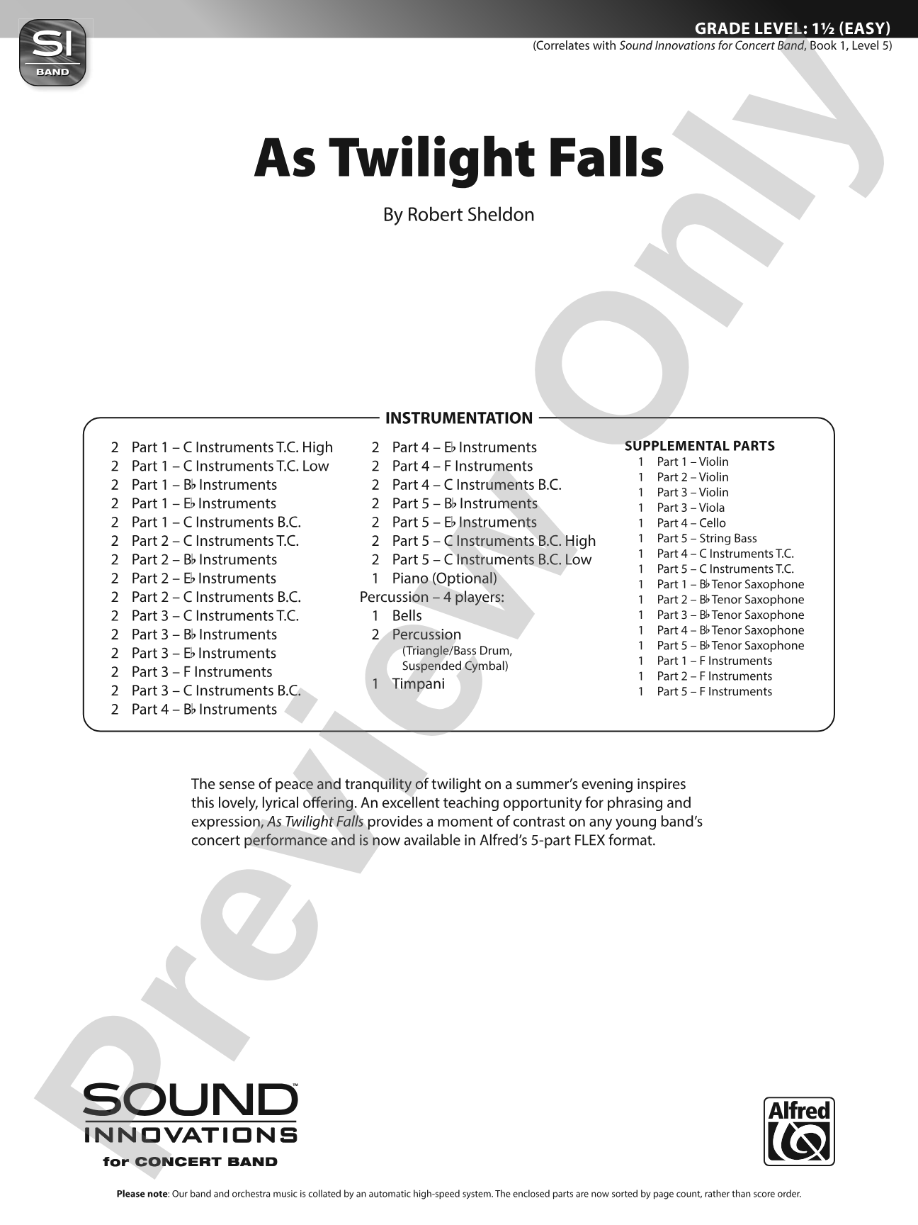 As Twilight Falls: Flexible Band/String Ensemble Score & Parts