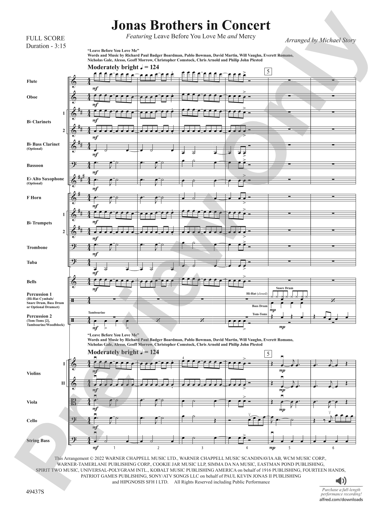 Jonas Brothers in Concert: Full Orchestra Conductor Score & Parts
