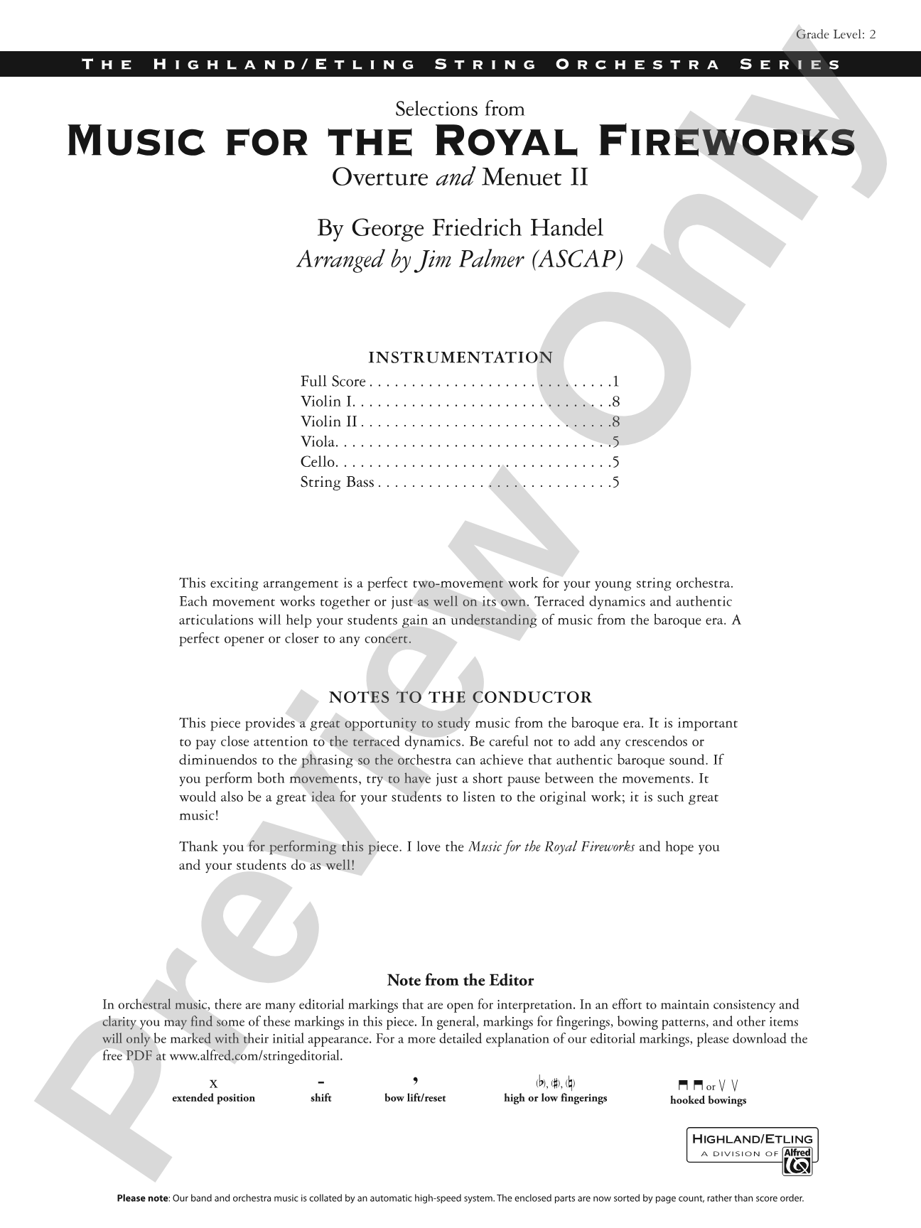 Selections from Music for the Royal Fireworks: Flexible String Ensemble Score & Parts