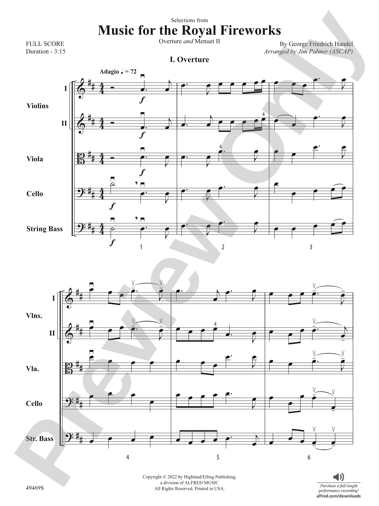 Selections from Music for the Royal Fireworks: Flexible String Ensemble Score & Parts