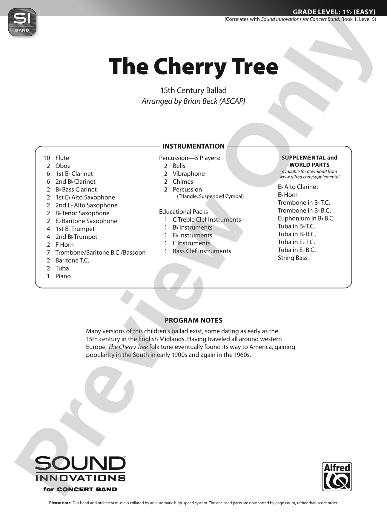 The Cherry Tree: Concert Band Conductor Score & Parts