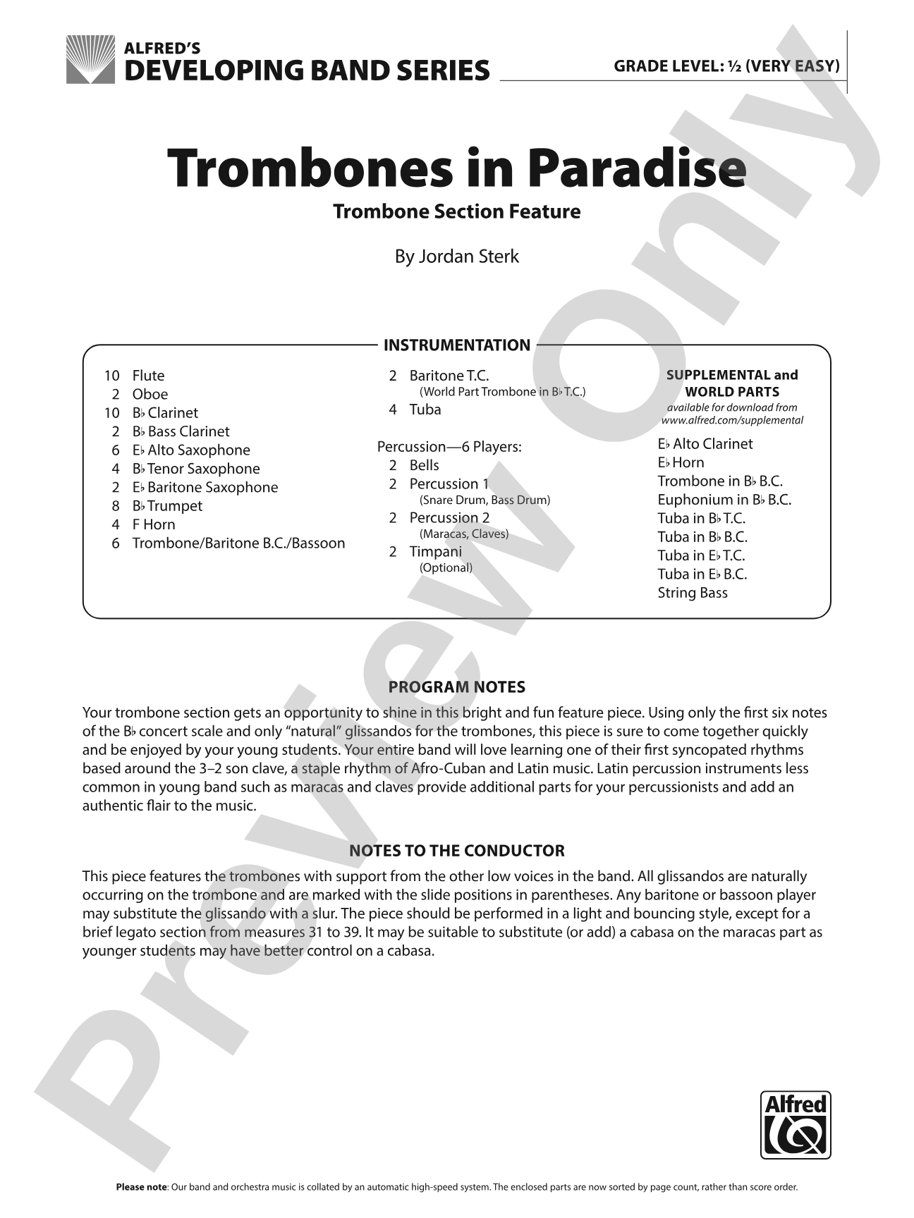 Trombones in Paradise: Concert Band Conductor Score & Parts