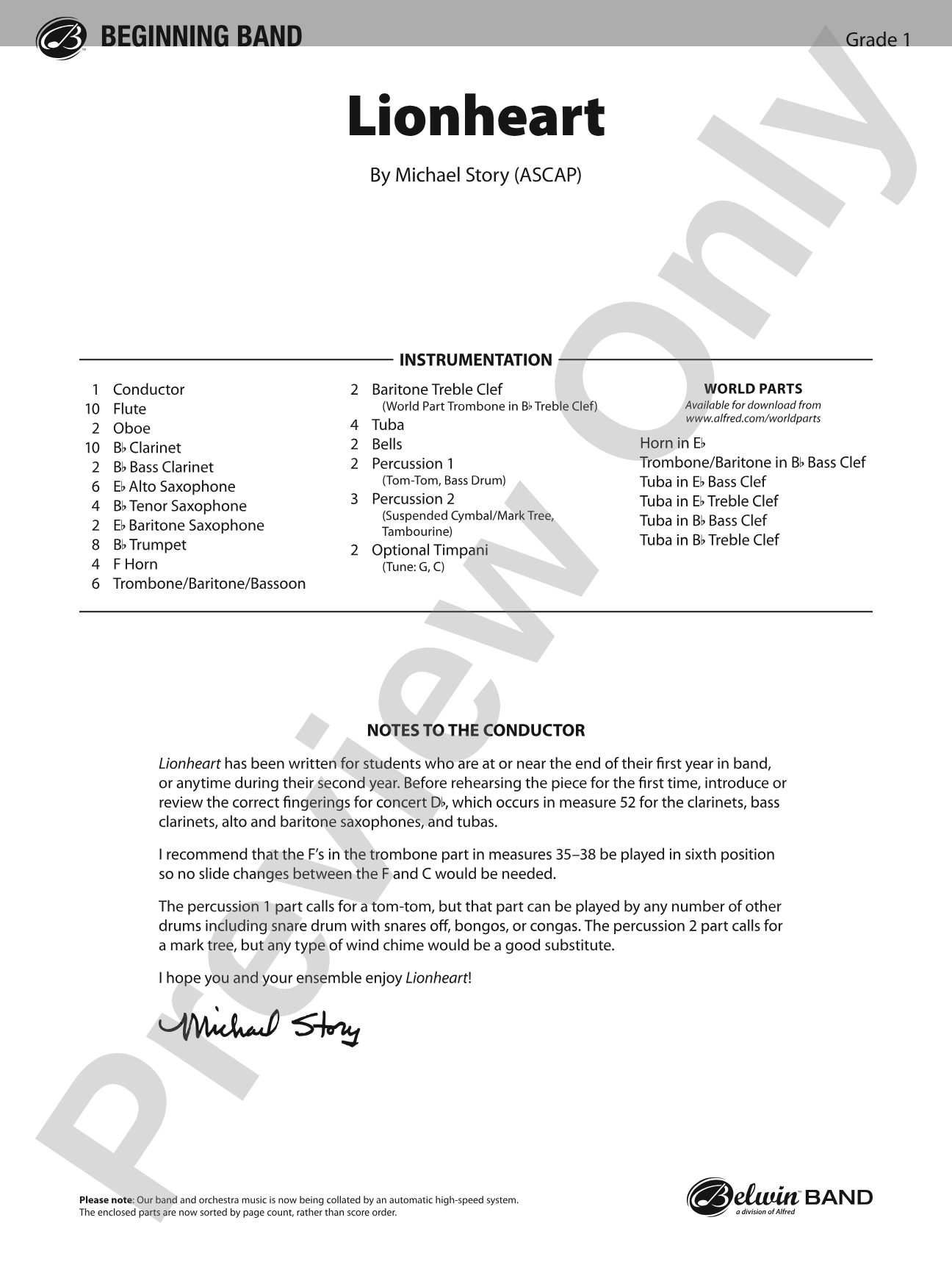 Lionheart: Concert Band Conductor Score & Parts