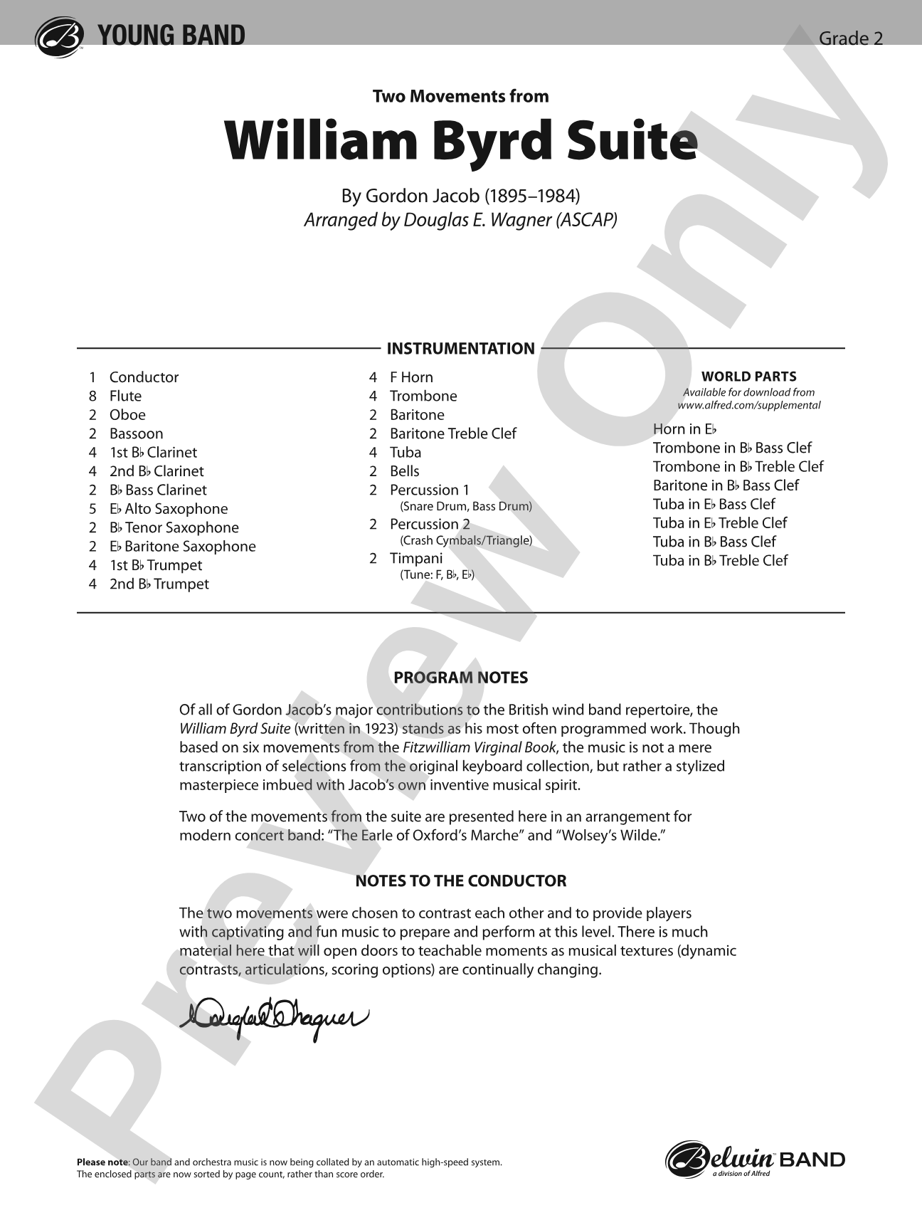 Two Movements from William Byrd Suite: Concert Band Conductor Score & Parts