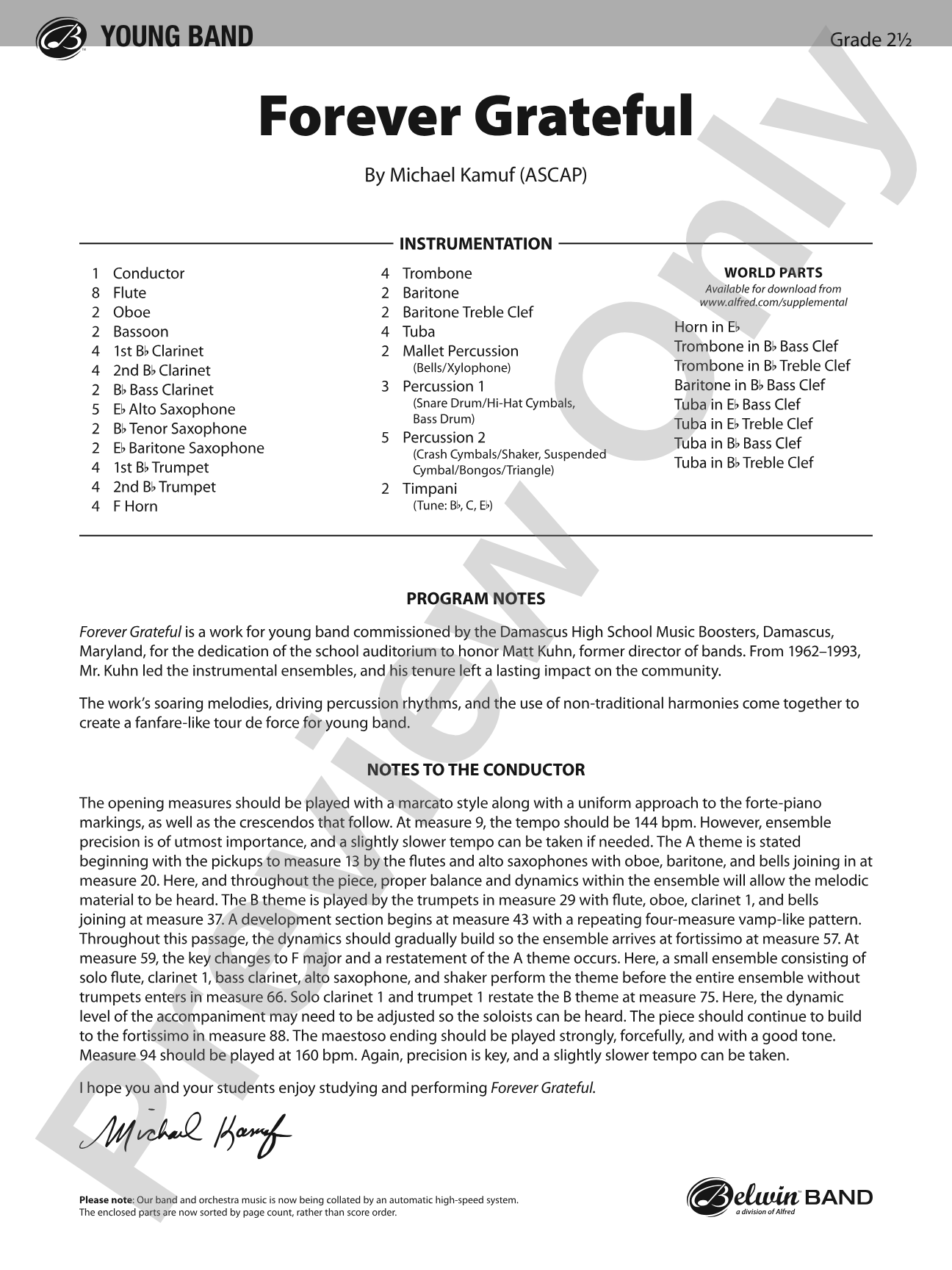 Forever Grateful: Concert Band Conductor Score & Parts