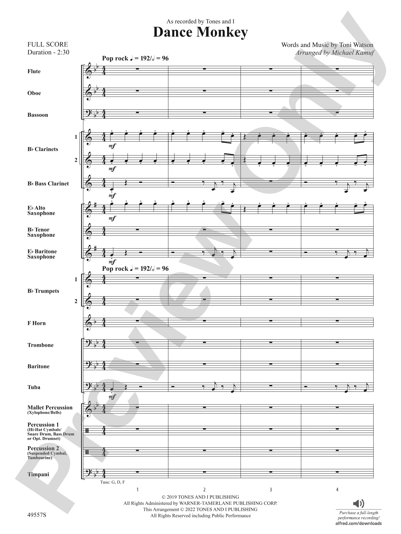 Dance Monkey: Concert Band Conductor Score & Parts