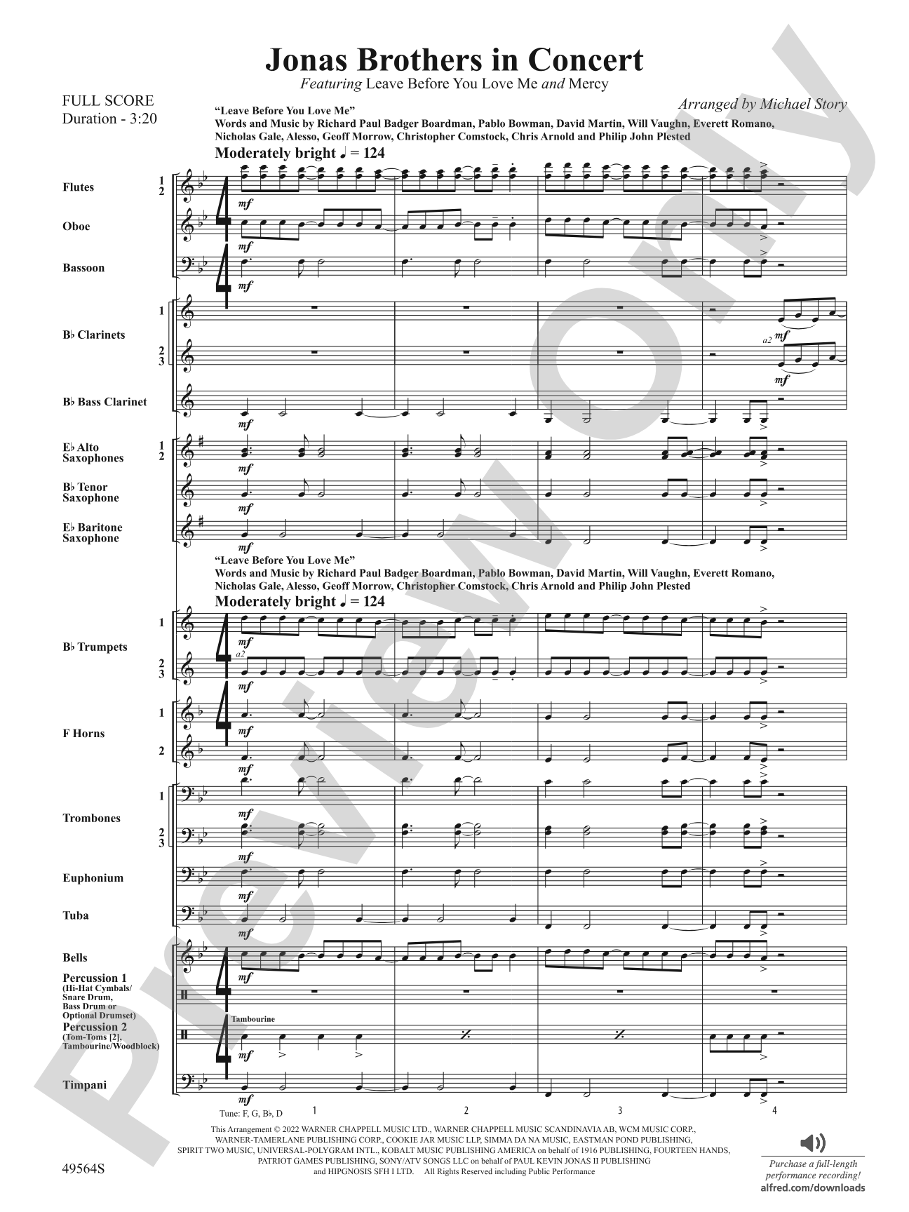 Jonas Brothers in Concert: Concert Band Conductor Score & Parts