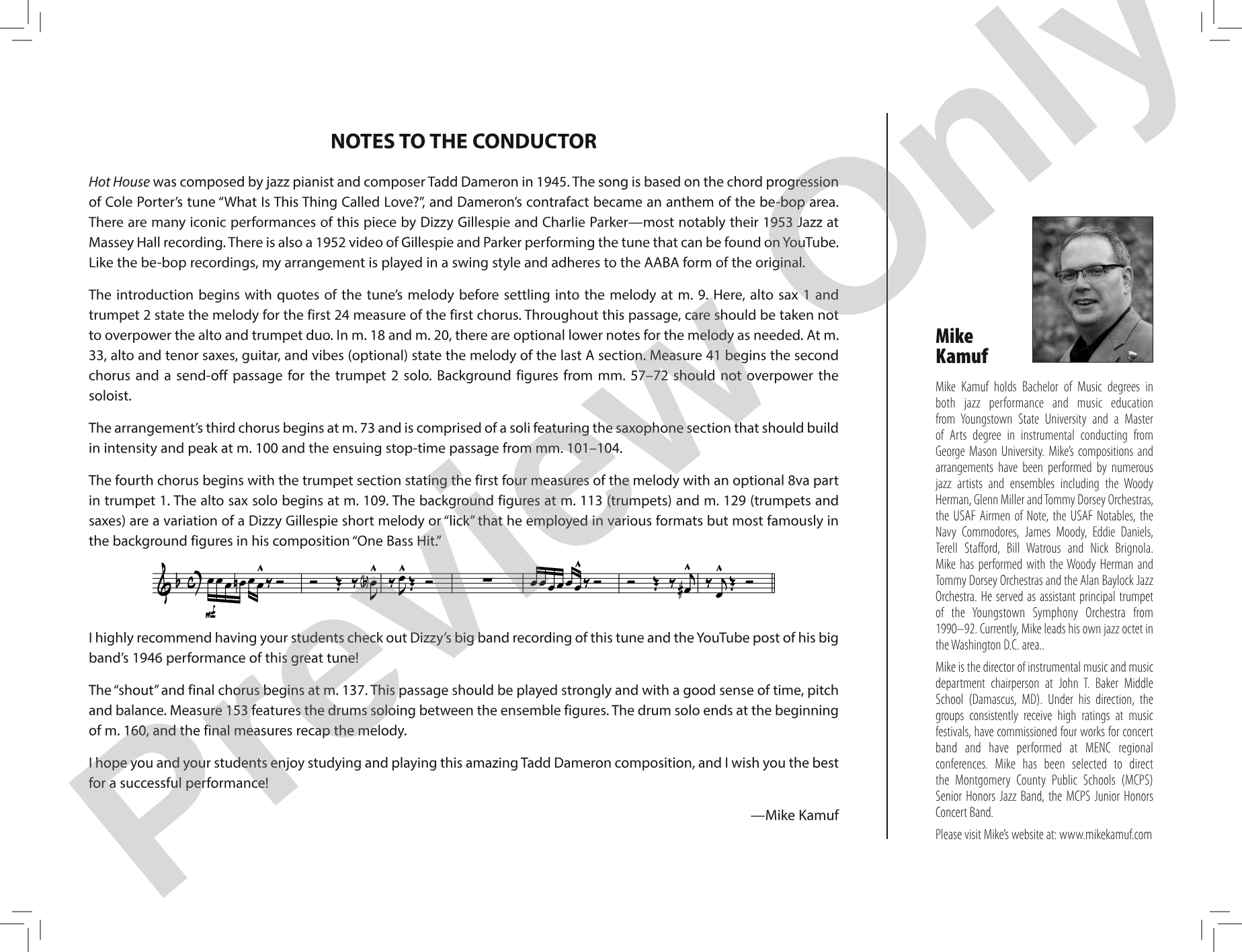 Hot House: Jazz Ensemble Conductor Score & Parts