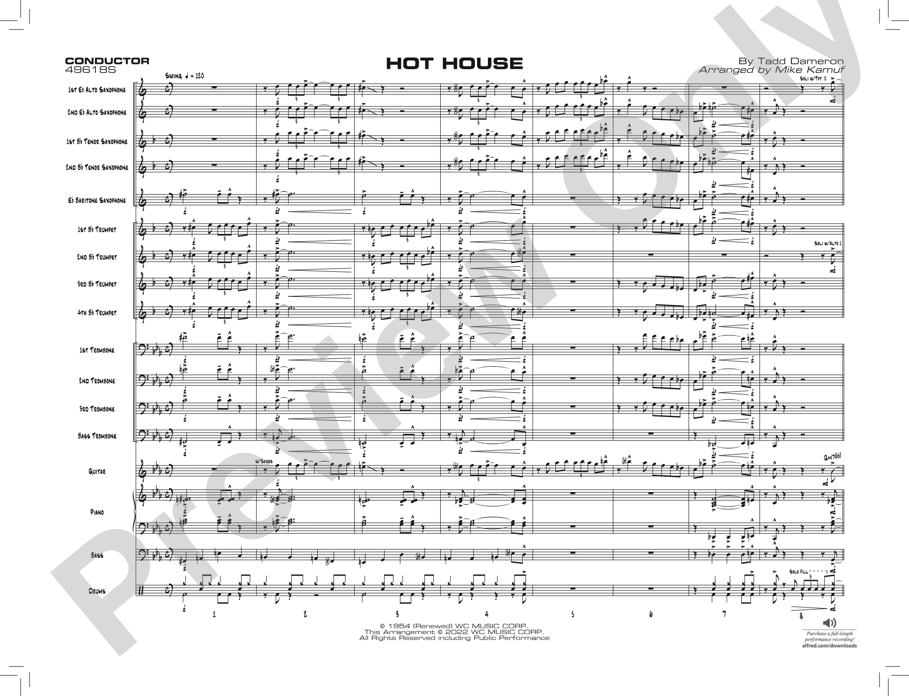 Hot House: Jazz Ensemble Conductor Score & Parts