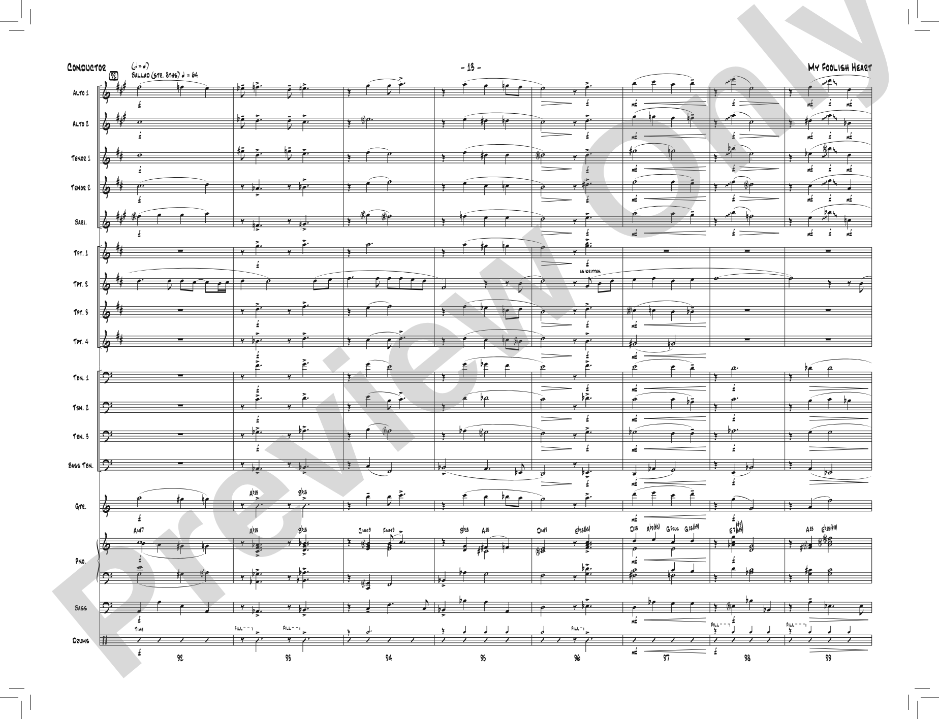 My Foolish Heart: Jazz Ensemble Conductor Score & Parts