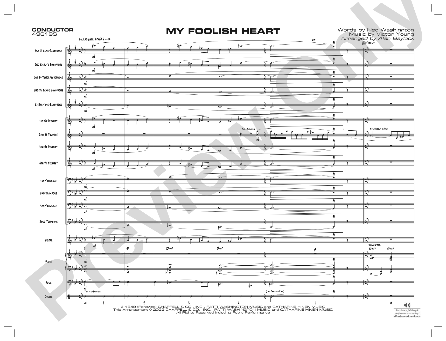 My Foolish Heart: Jazz Ensemble Conductor Score & Parts
