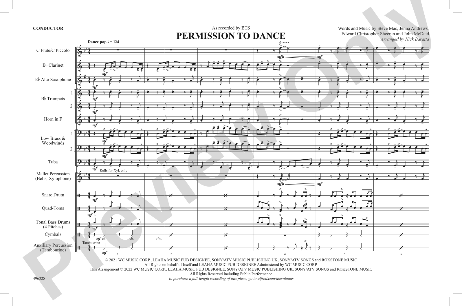 Permission to Dance: Marching Band Conductor Score & Parts