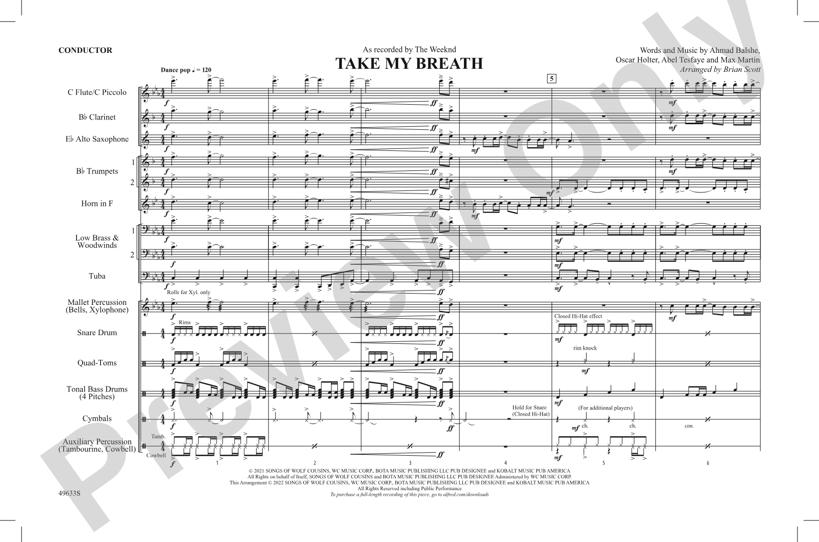 Take My Breath: Marching Band Conductor Score & Parts