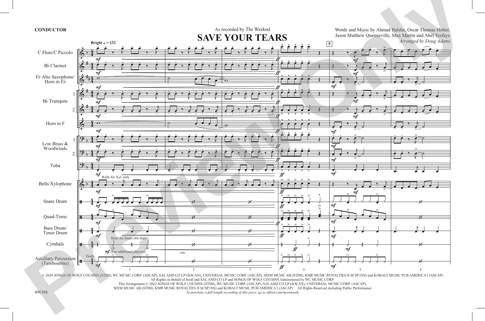 Save Your Tears: Marching Band Conductor Score & Parts