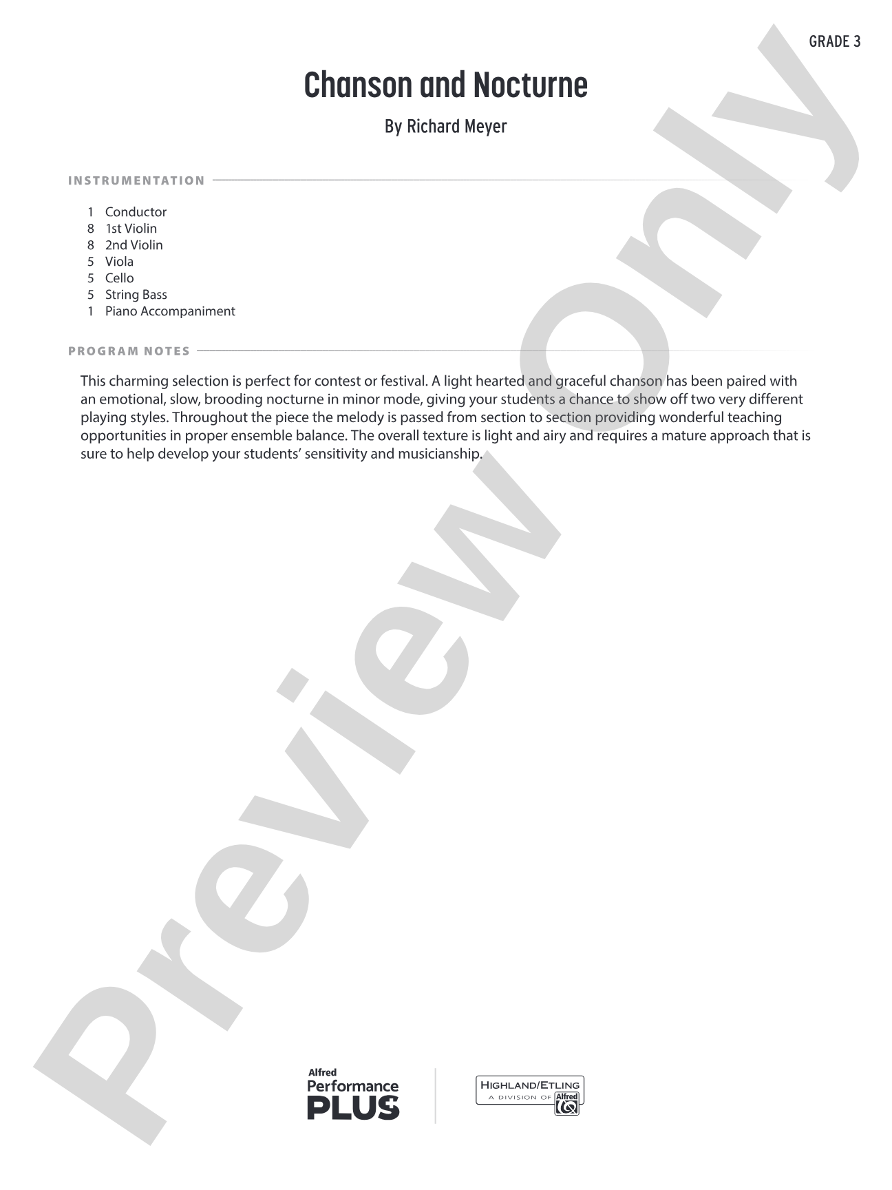 Chanson and Nocturne: String Orchestra Conductor Score & Parts