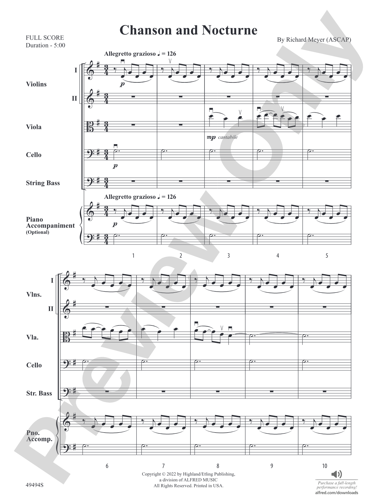 Chanson and Nocturne: String Orchestra Conductor Score & Parts