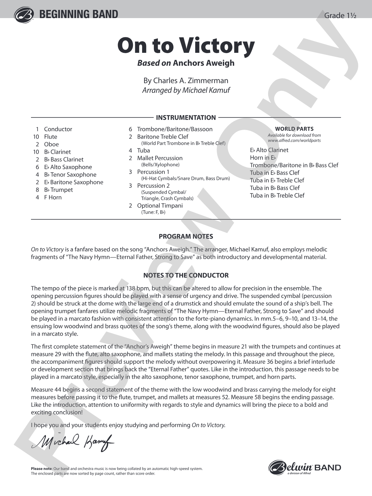 On to Victory: Concert Band Conductor Score & Parts