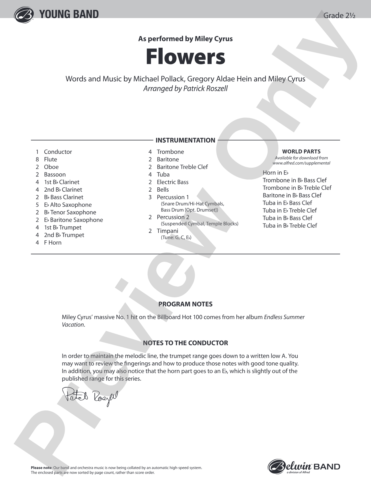Flowers: Concert Band Conductor Score & Parts