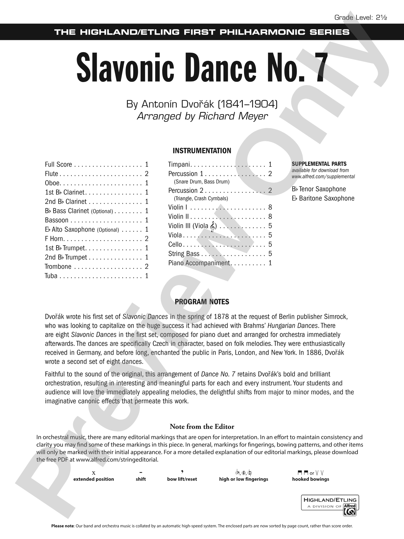 Slavonic Dance No. 7: Full Orchestra Conductor Score & Parts