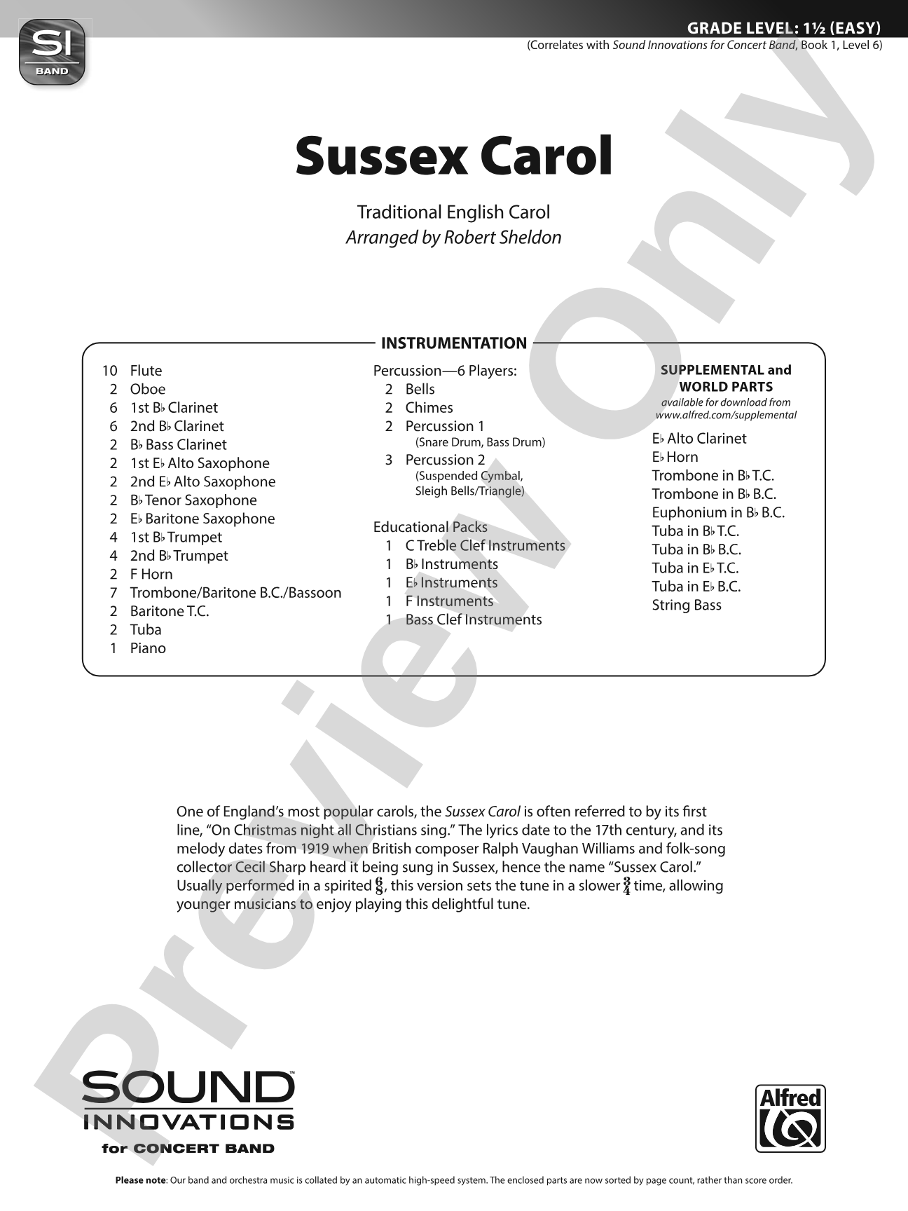 Sussex Carol: Concert Band Conductor Score & Parts