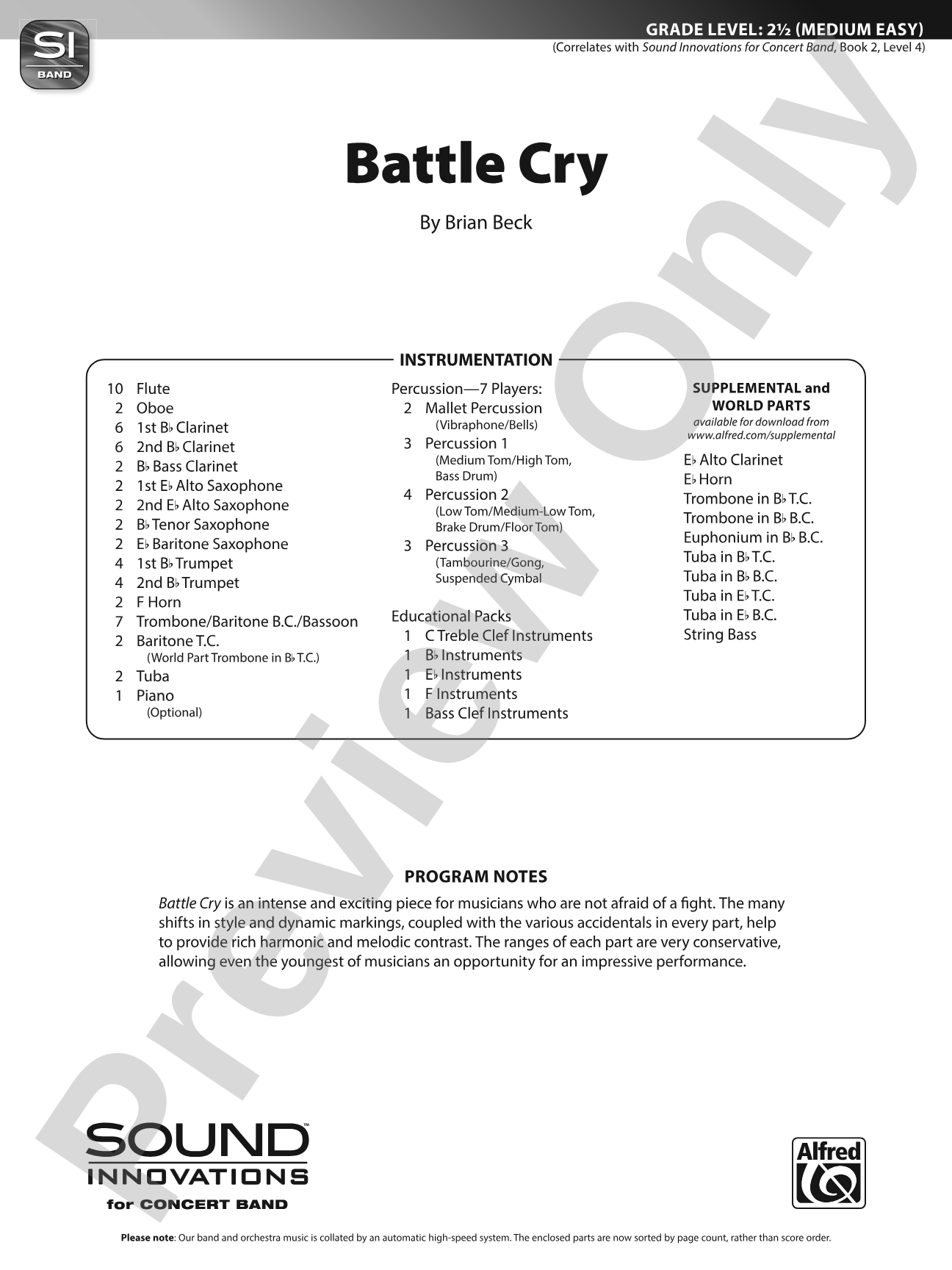 Battle Cry: Concert Band Conductor Score & Parts