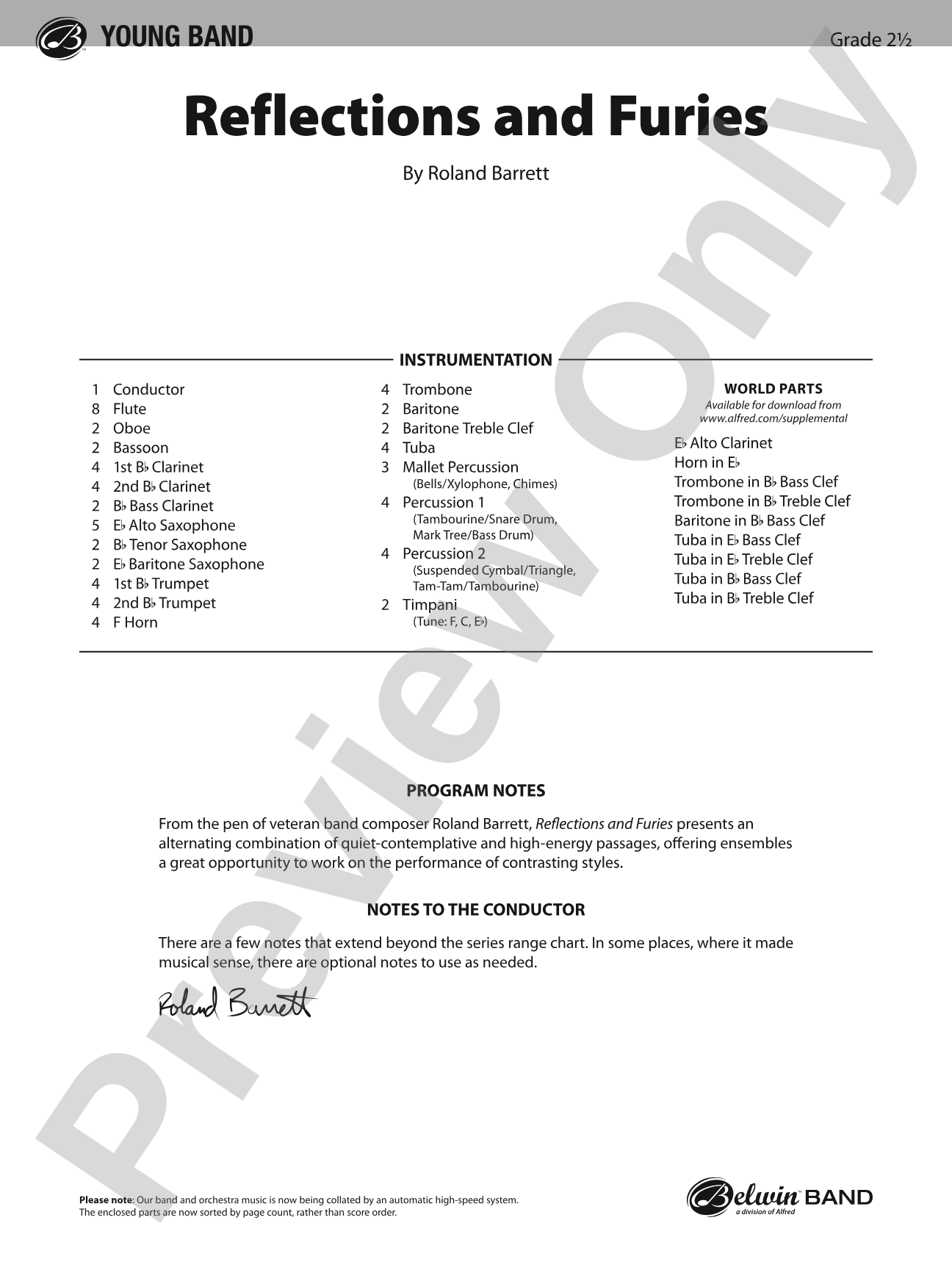 Reflections and Furies: Concert Band Conductor Score & Parts