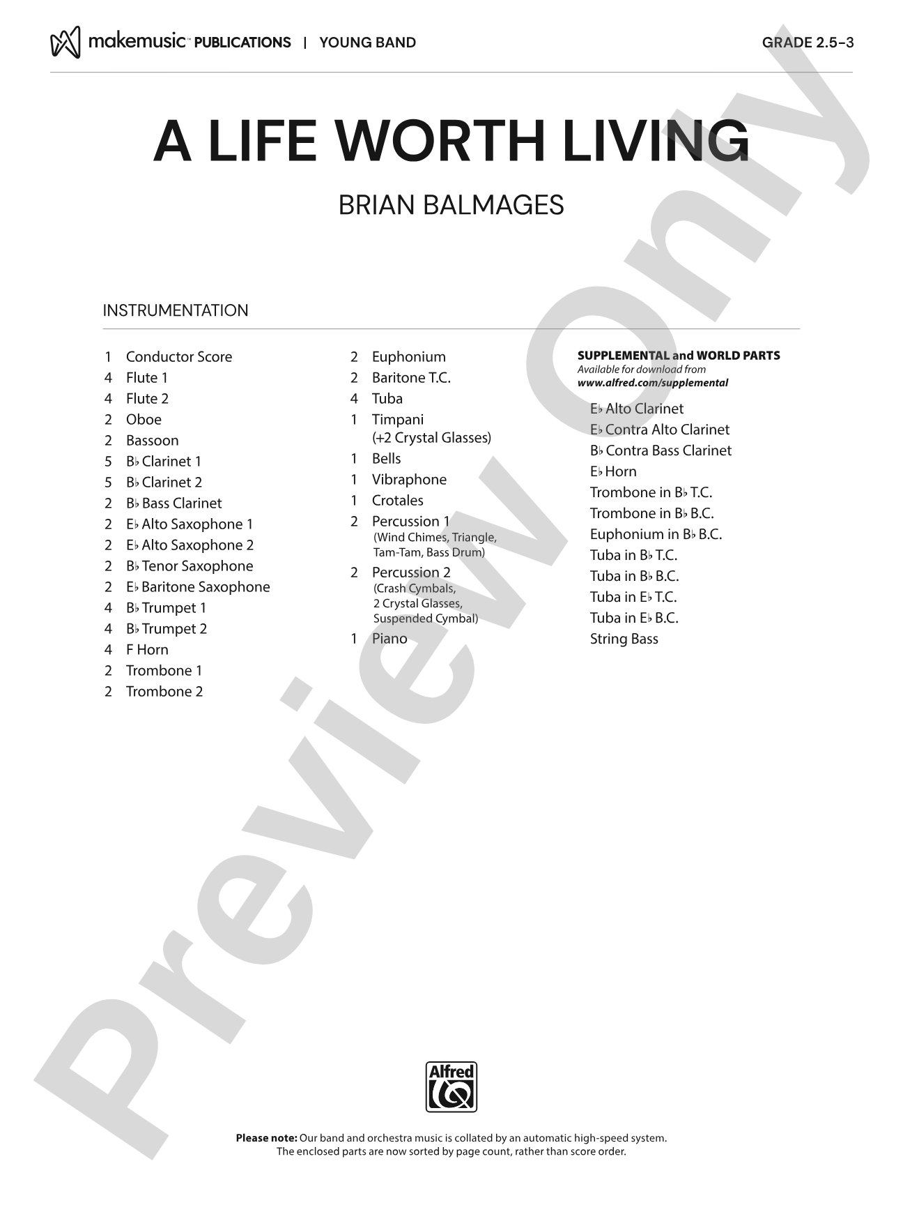 A Life Worth Living: Concert Band Conductor Score & Parts