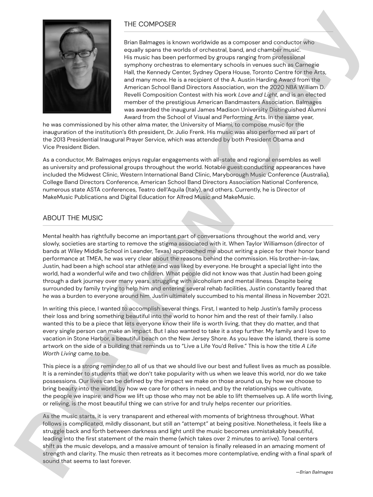 A Life Worth Living: Concert Band Conductor Score & Parts