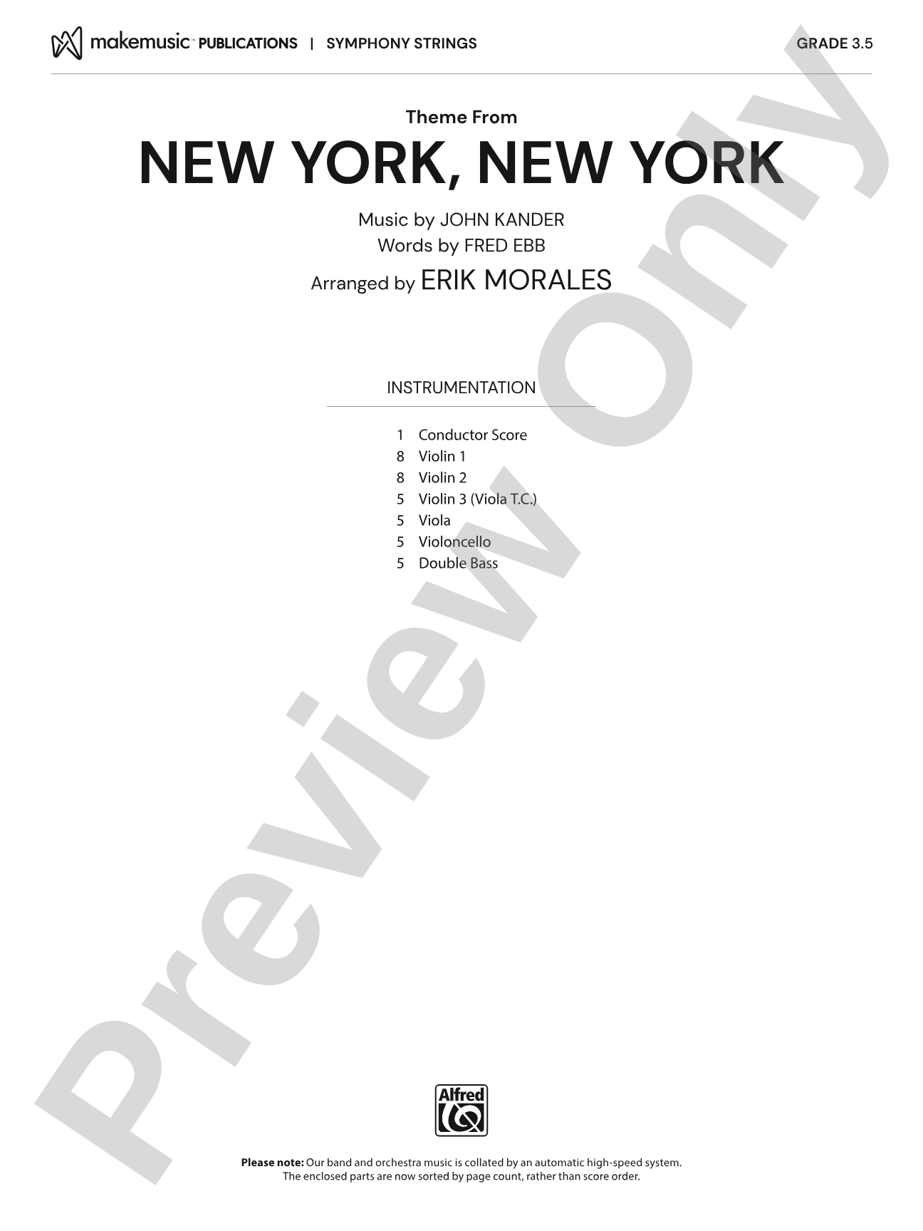 Theme from New York, New York: String Orchestra Conductor Score & Parts
