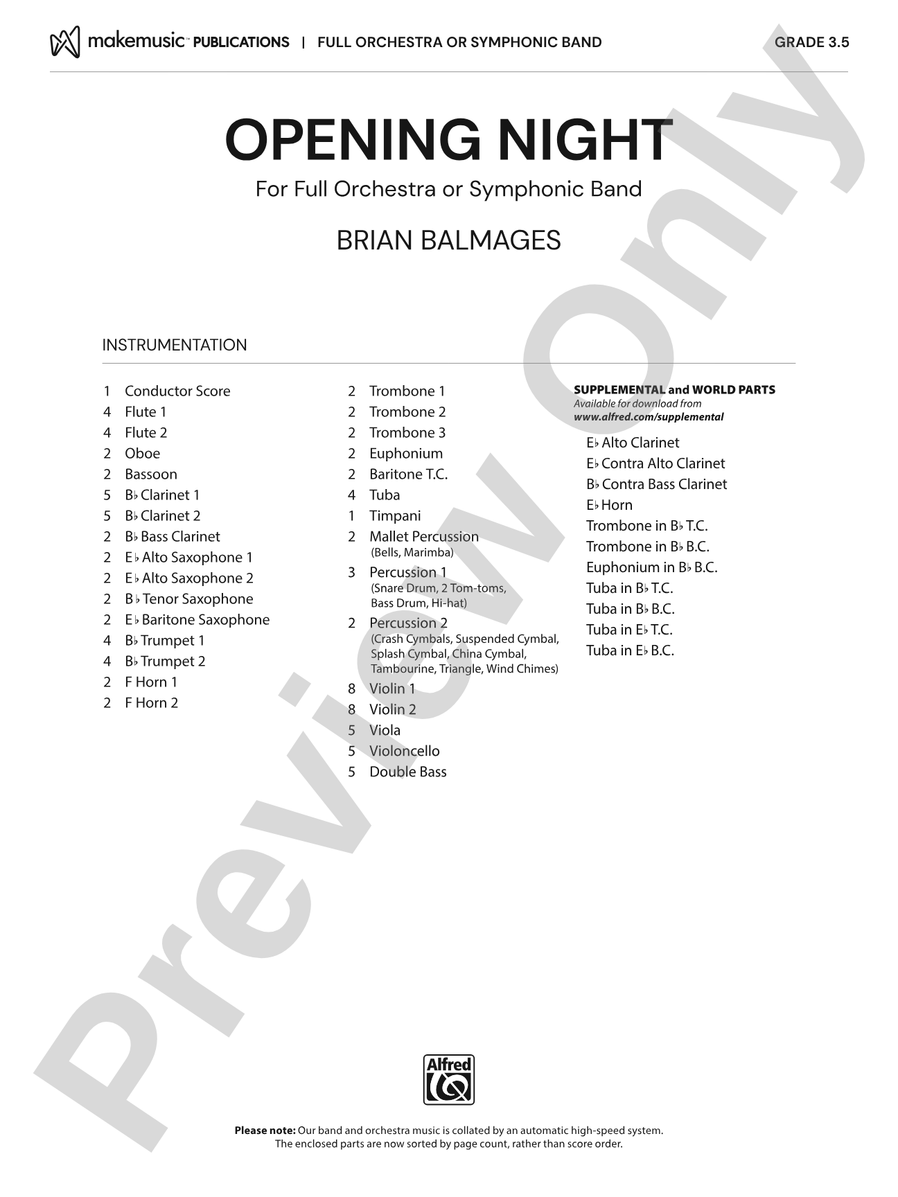 Opening Night: Full Orchestra Conductor Score & Parts