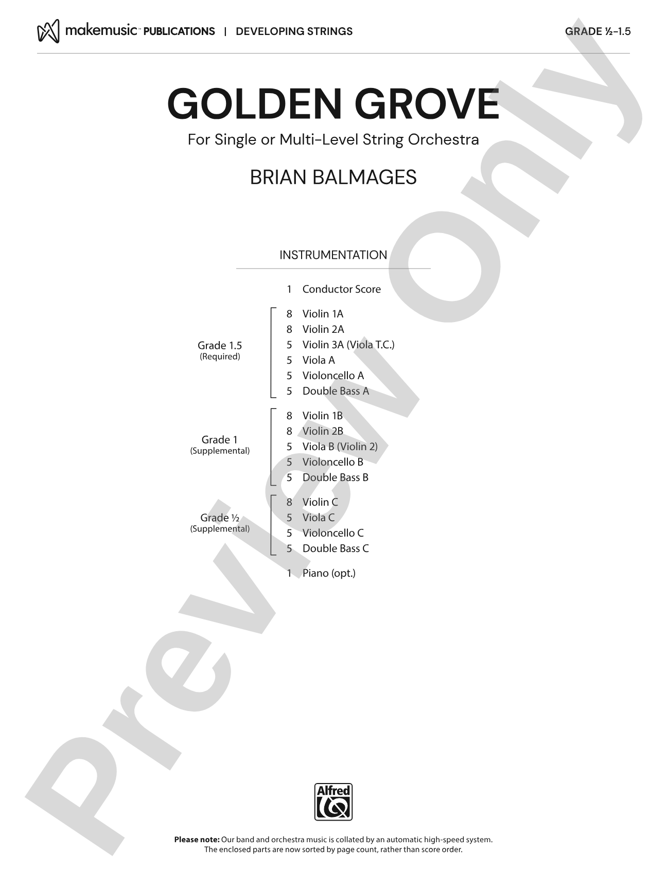 Golden Grove: String Orchestra Conductor Score & Parts