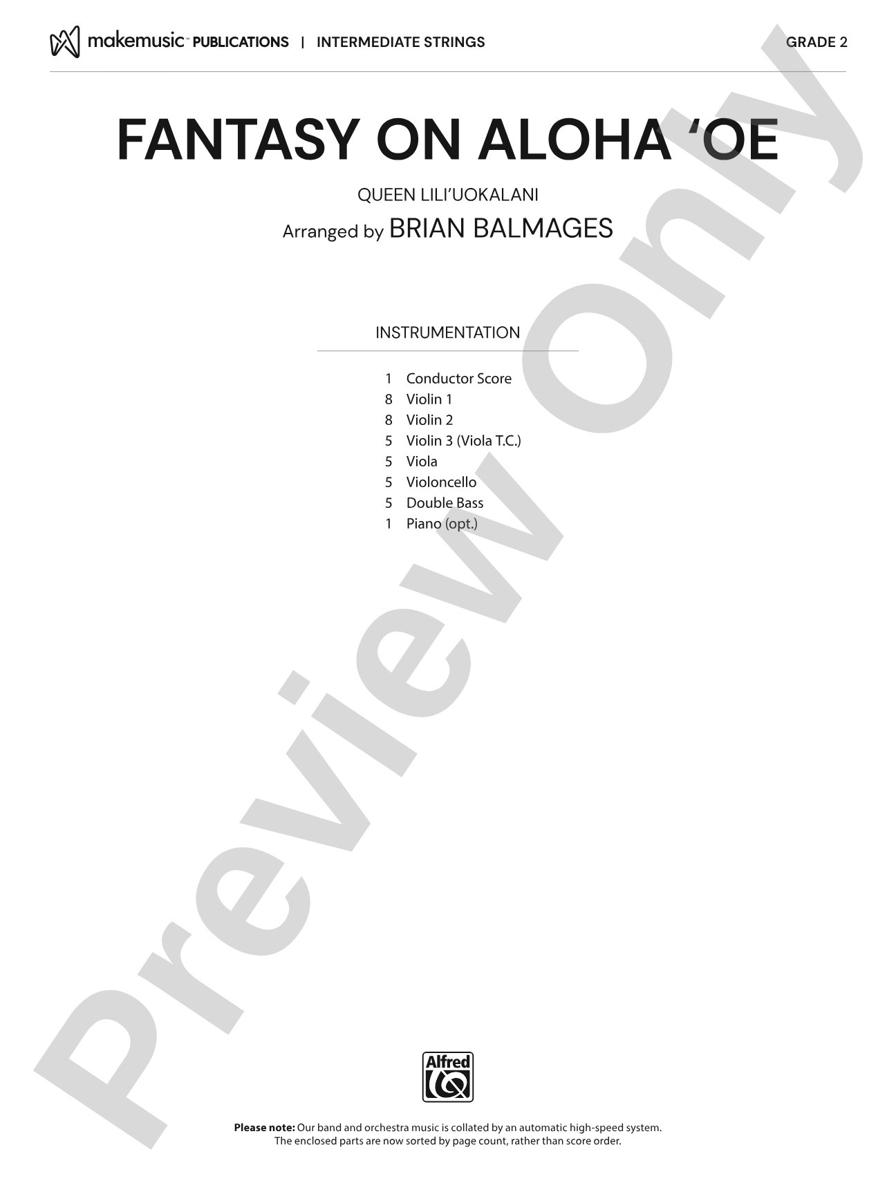 Fantasy on Aloha 'Oe: String Orchestra Conductor Score & Parts