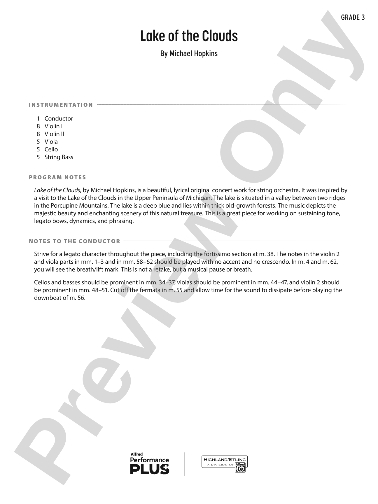 Lake of the Clouds: String Orchestra Conductor Score & Parts
