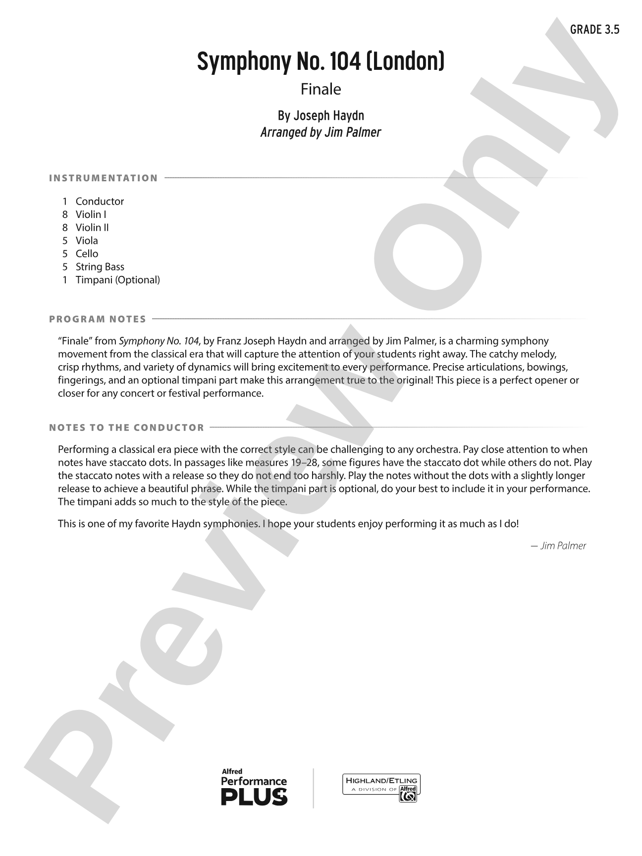 Symphony No. 104 (London): String Orchestra Conductor Score & Parts