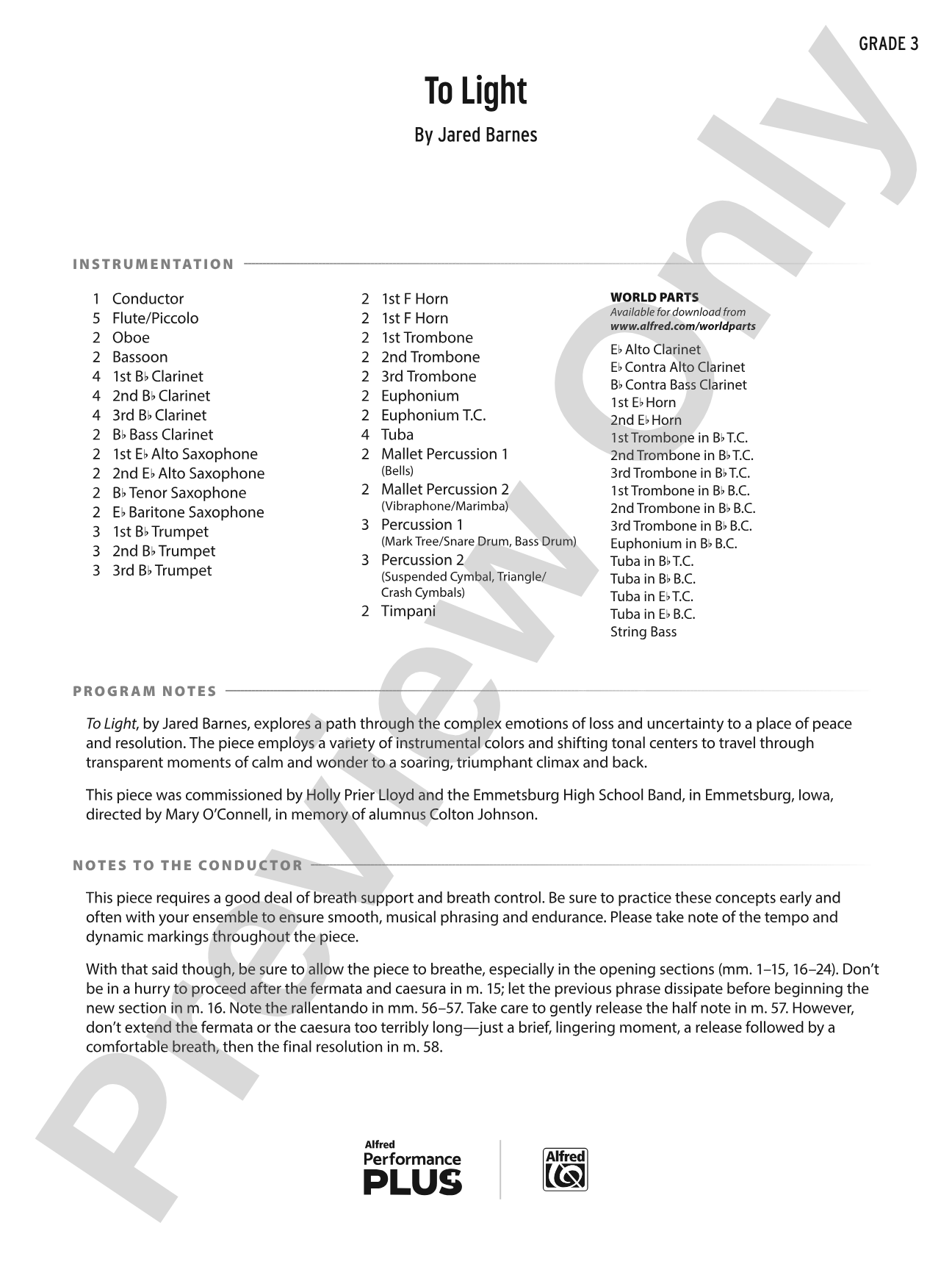 To Light: Concert Band Conductor Score & Parts