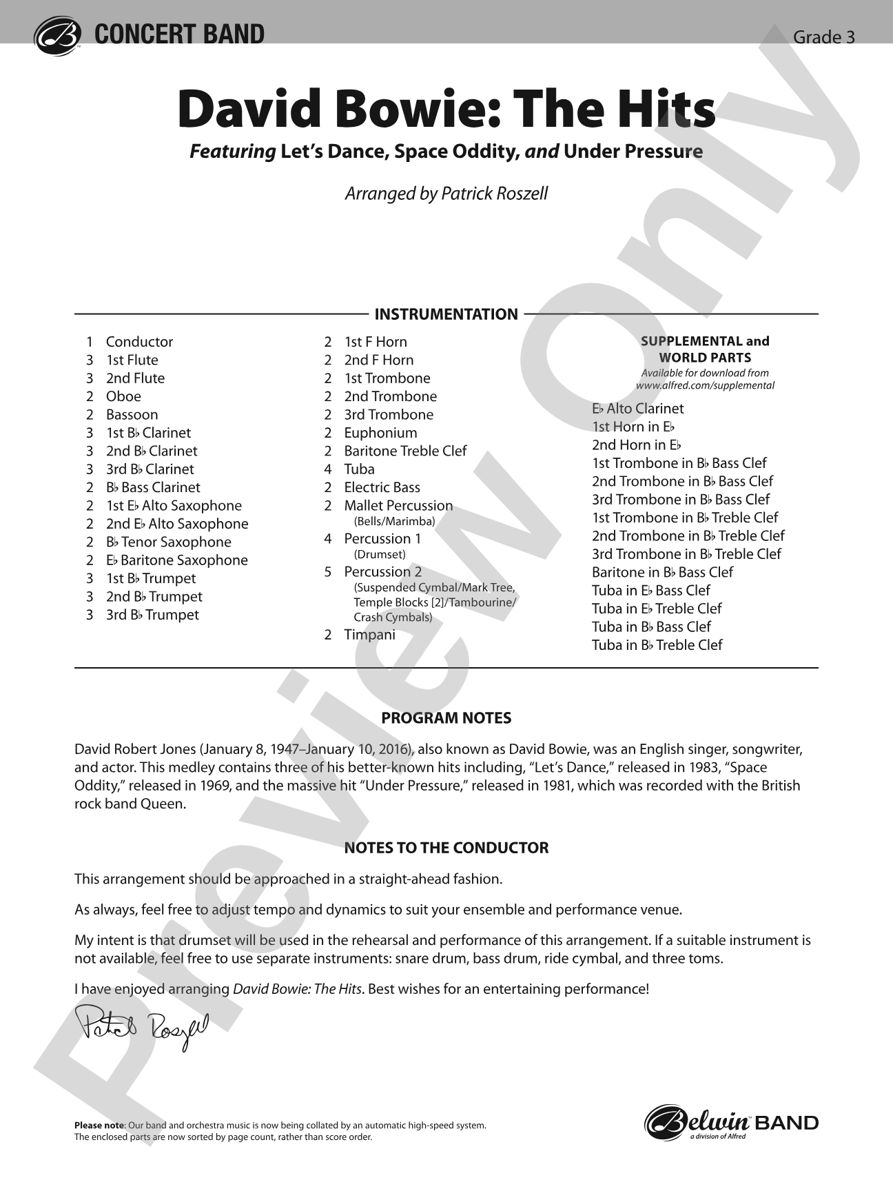 David Bowie: The Hits: Concert Band Conductor Score & Parts