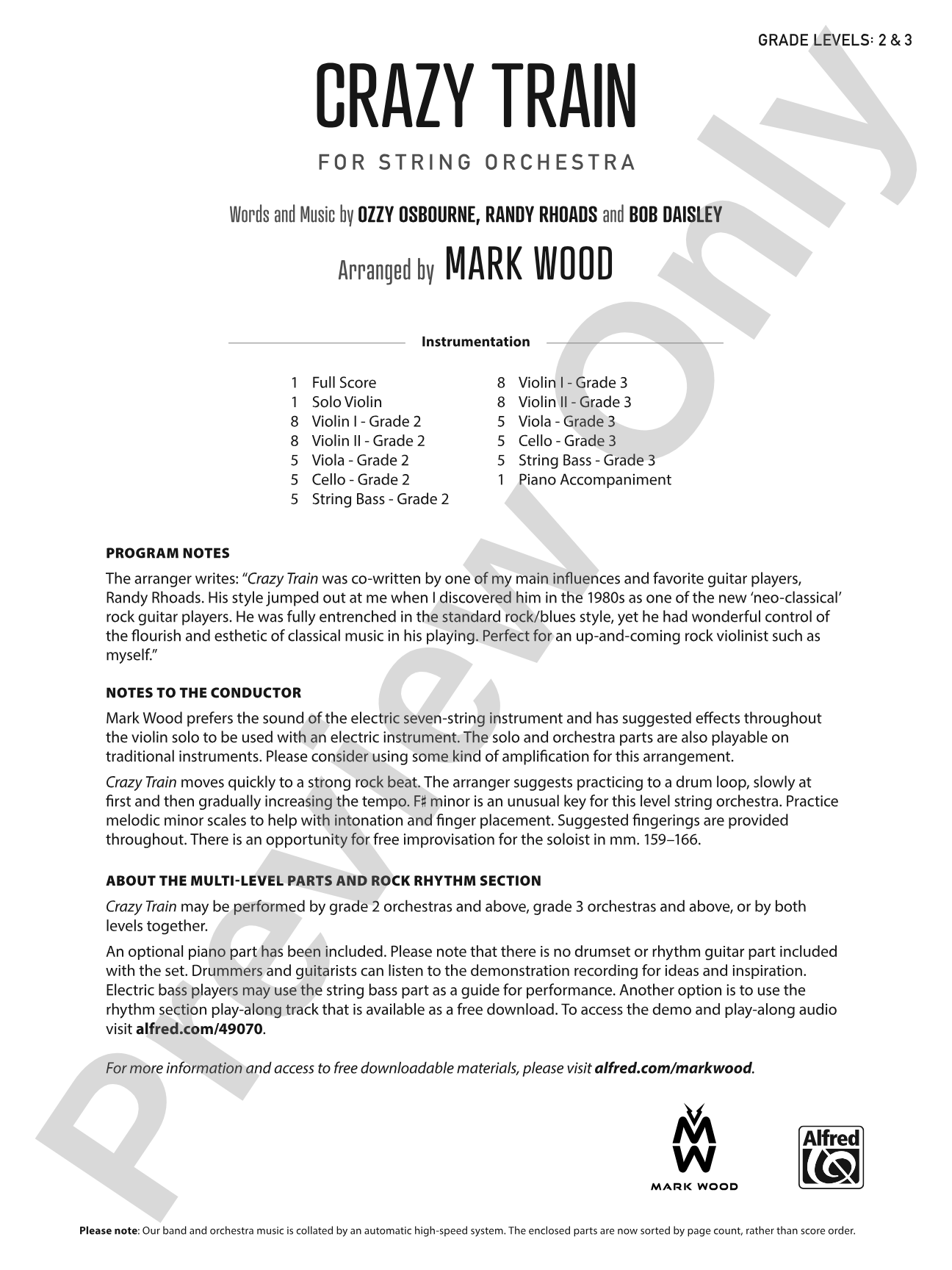 Crazy Train: String Orchestra Conductor Score & Parts
