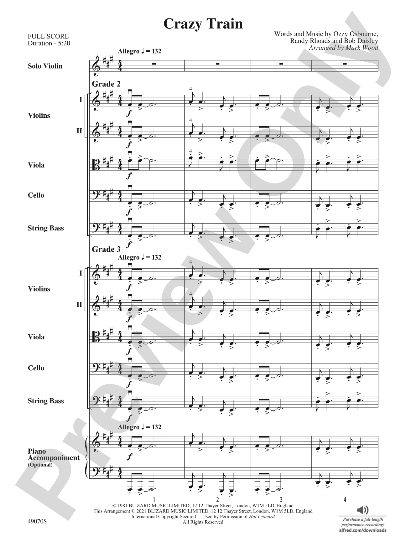 Crazy Train: String Orchestra Conductor Score & Parts