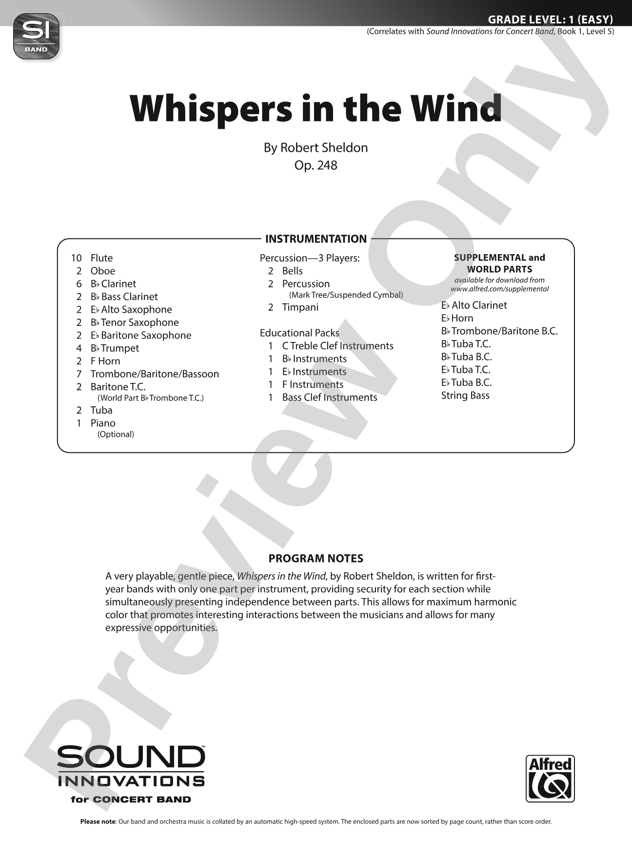 Whispers in the Wind: Concert Band Conductor Score & Parts