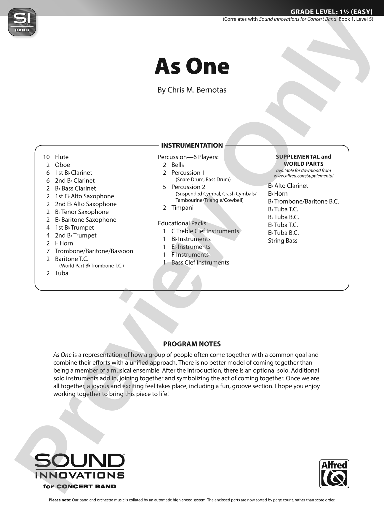 As One: Concert Band Conductor Score & Parts