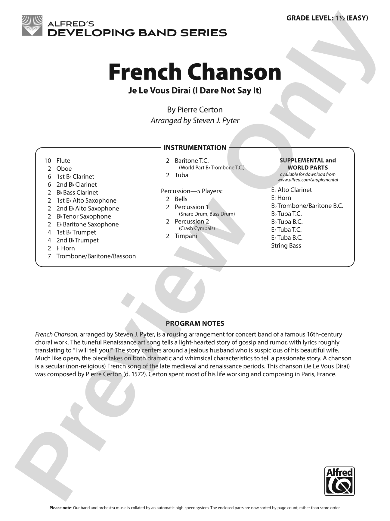 French Chanson: Concert Band Conductor Score & Parts