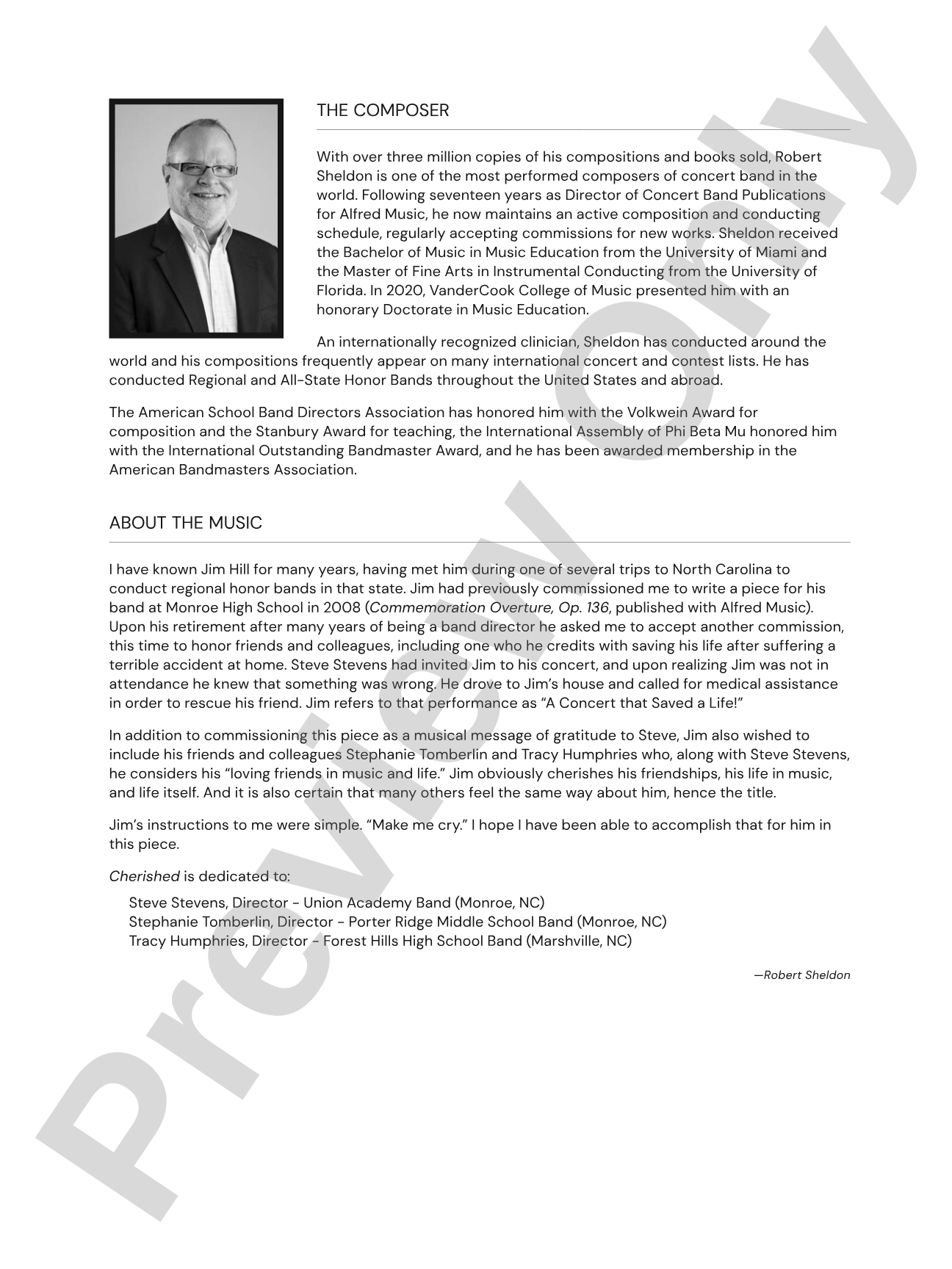 Cherished: Concert Band Conductor Score & Parts