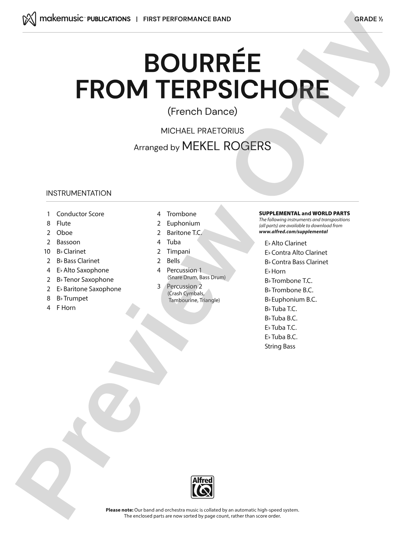 Bourrée from Terpsichore: Concert Band Conductor Score & Parts