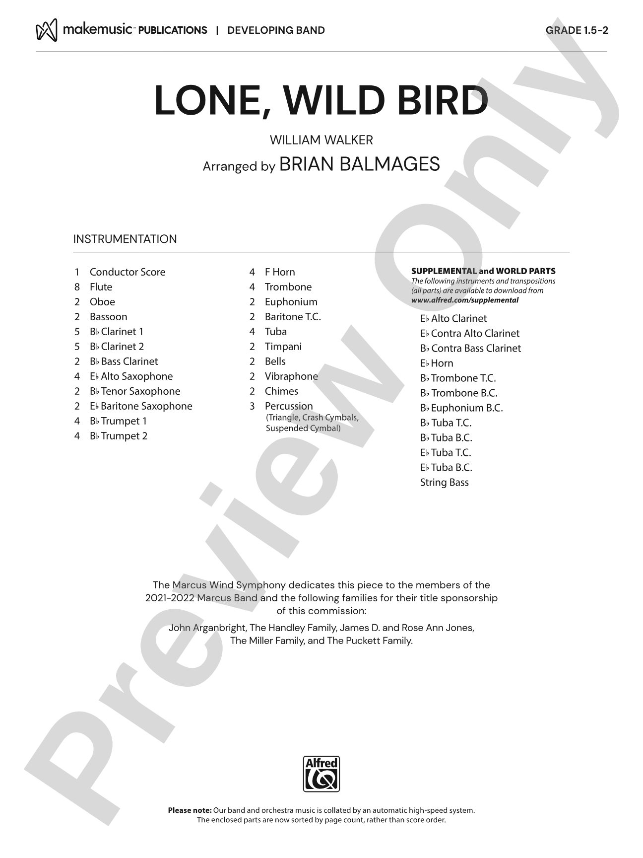 Lone, Wild Bird: Concert Band Conductor Score & Parts